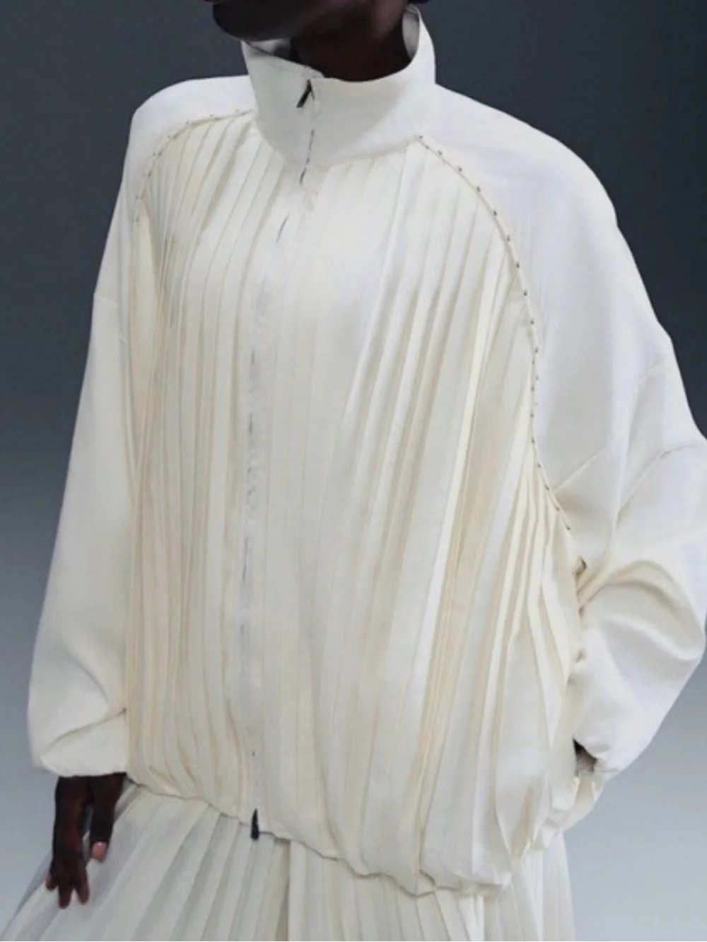Nike Pleated Oversized Satin Full Zip Track Jacket Ivory Womens HJ0516-133